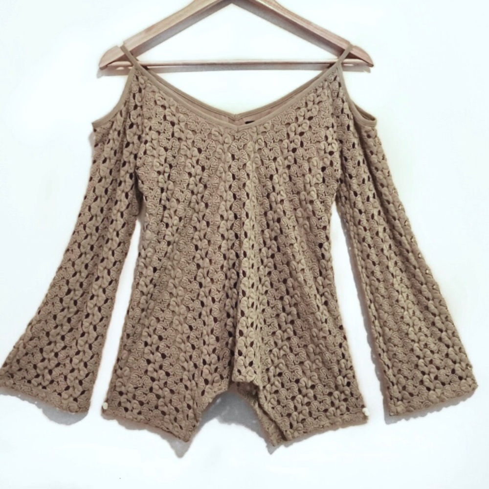 Lord & Taylor Beige Cold Shoulder Lace Top